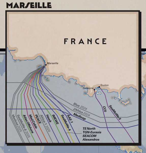Map of transcontinental submarine cables arriving in Marseille today. Source: Telegeography, Submarine Cable Map.